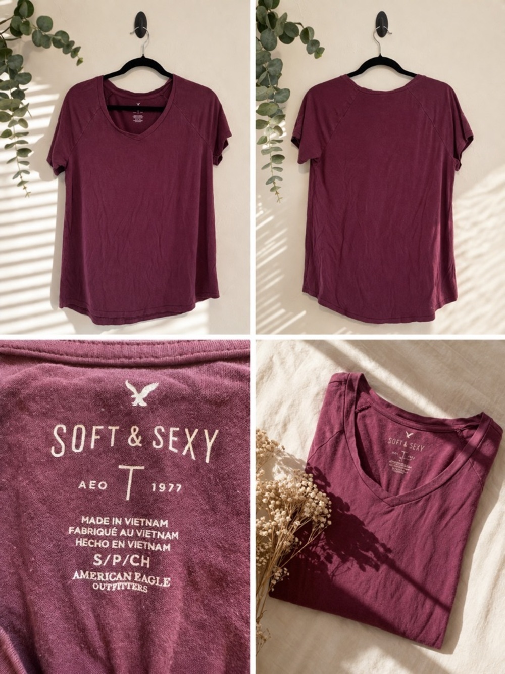 American Eagle Soft & Sexy tee in a muted burgundy/wine color